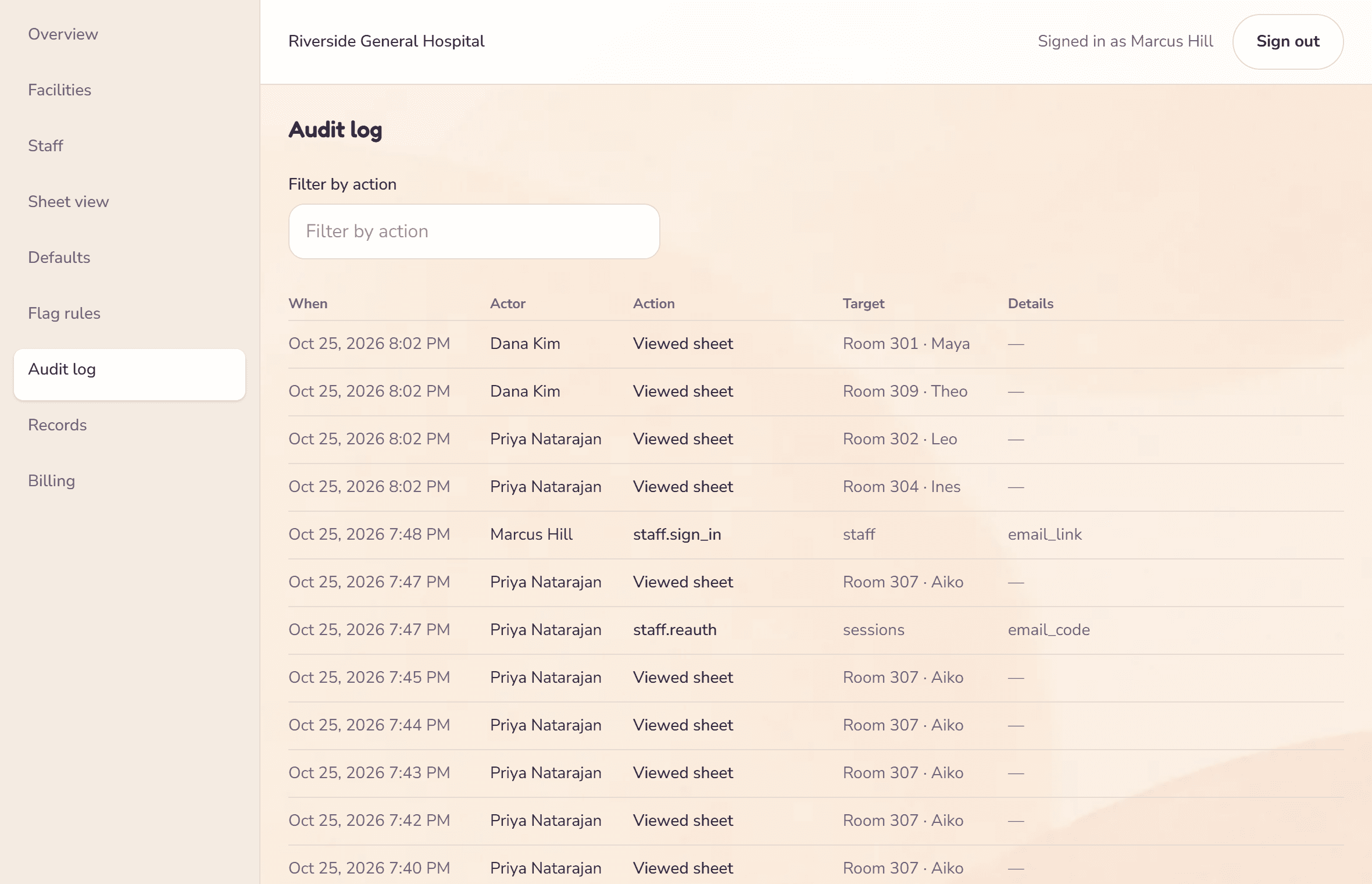 Audit log listing which nurse viewed which room's sheet and when