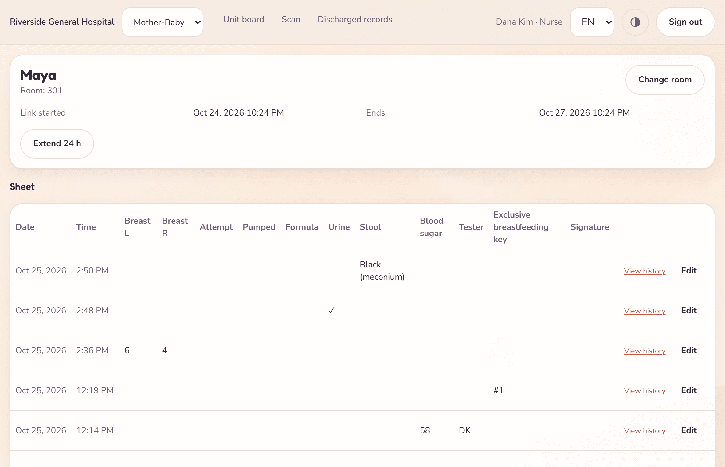 A baby's sheet with parent entries and staff-only blood sugar and breastfeeding key columns