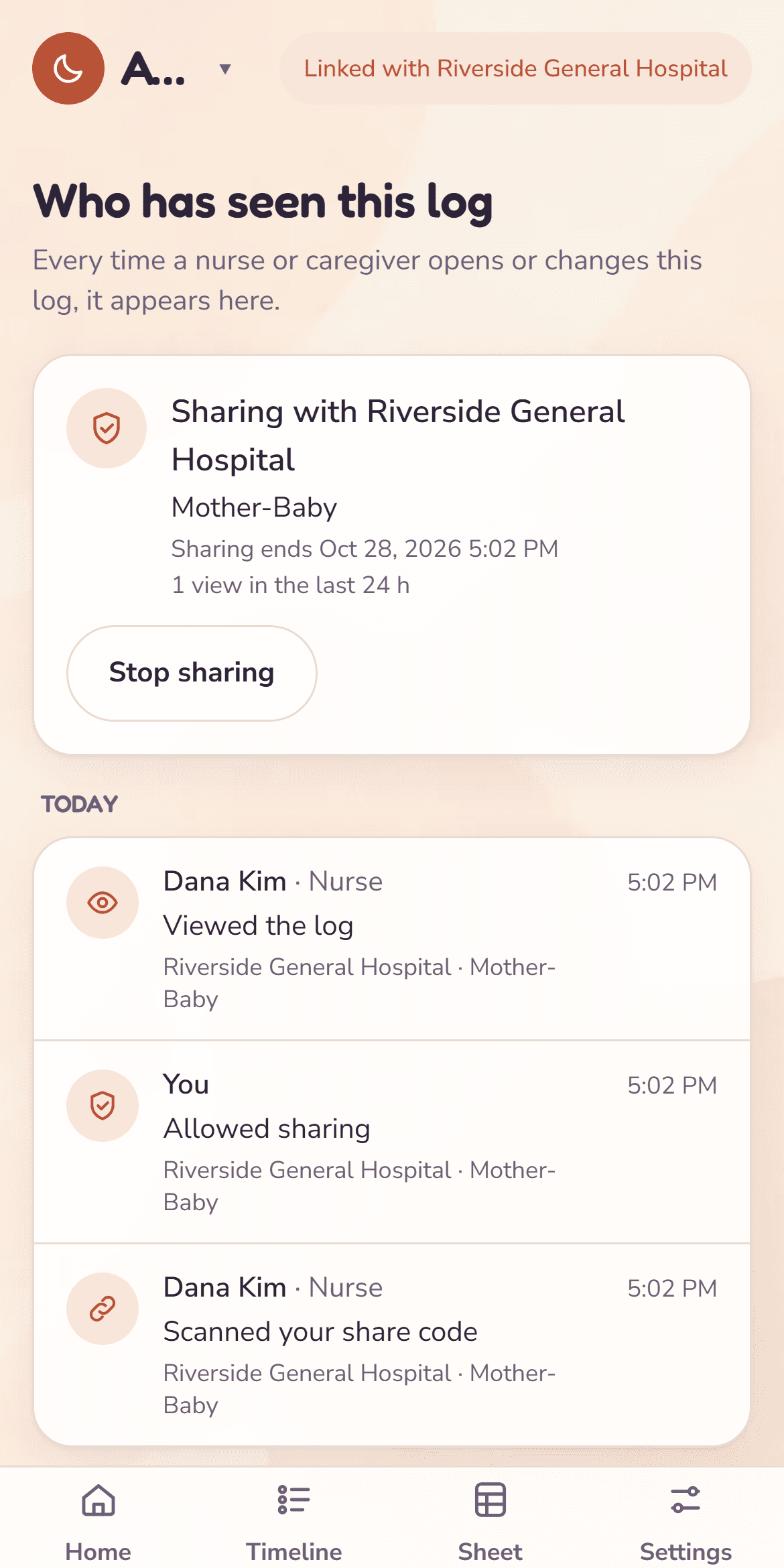 The Who has seen this log screen listing a nurse’s view with her name and the time