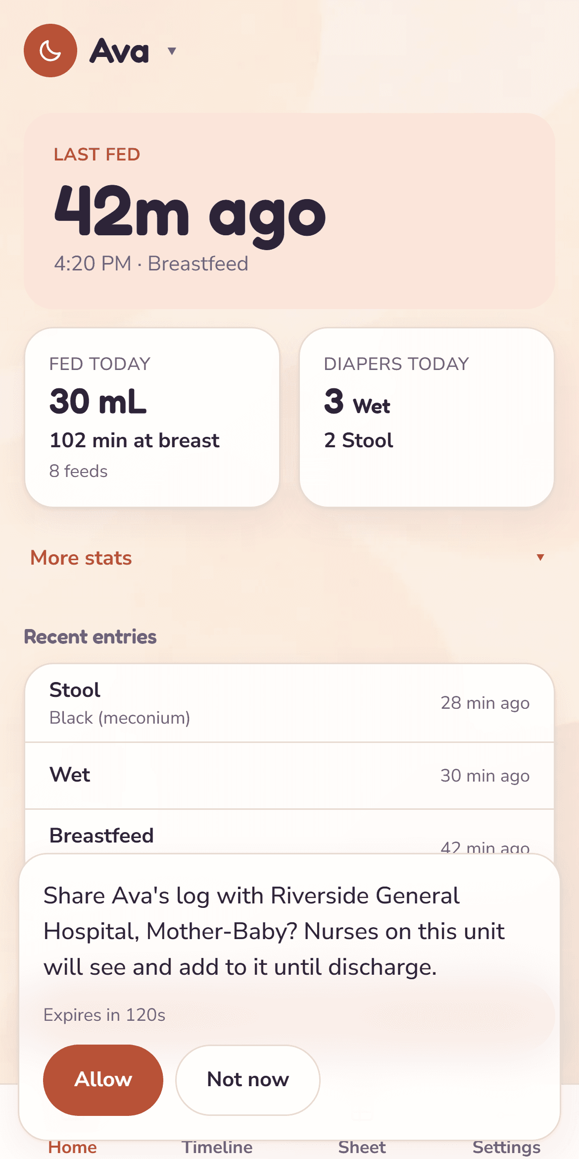 A phone asking the parent whether to share the baby’s log with the hospital unit, with Allow and Not now buttons