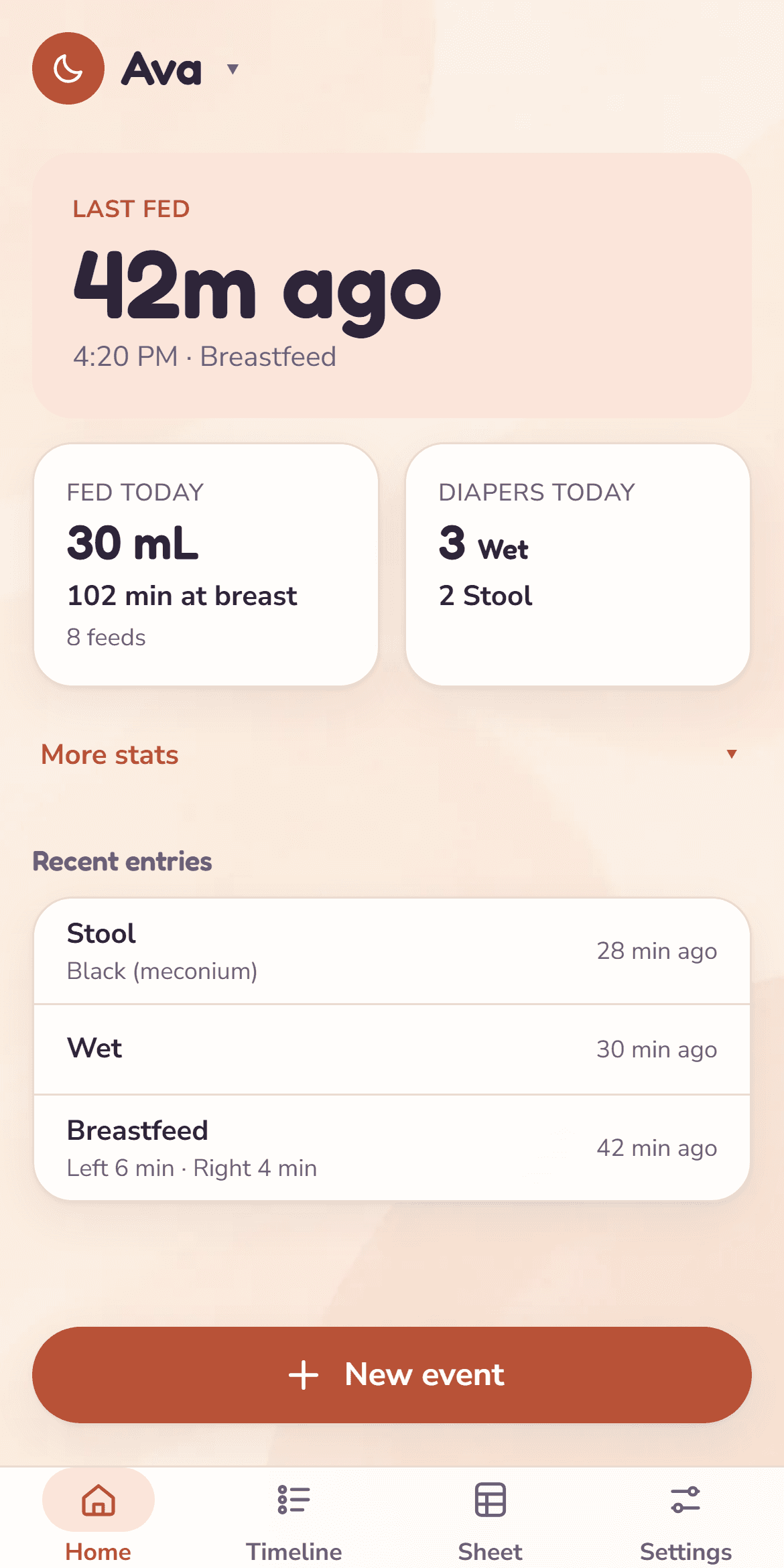 The NuzzleNotes home screen showing last fed, feeds today and diapers today